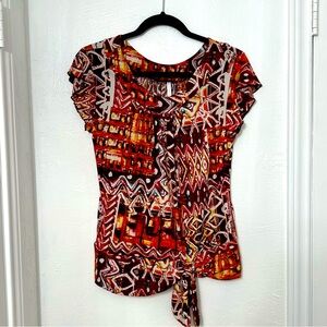 Passports Women's Bohemian Knit Capped Sleeve Top, Waistband Tie Detail, Size M